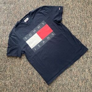 Tommy Jeans Mens Navy Blue Graphic Flag Logo Short Sleeve T-Shirt Size L
